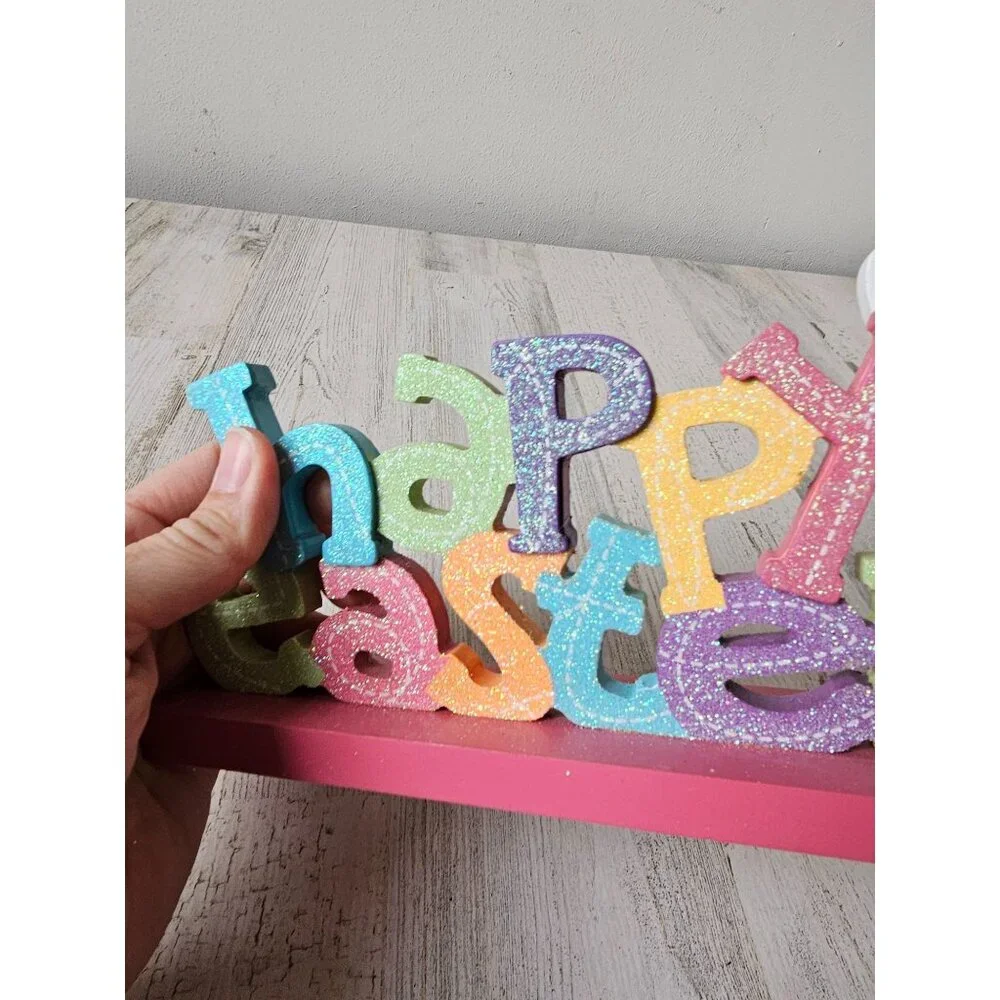 Happy Easter Bunny rabbit sign‎ decor glitter sparkle pastel